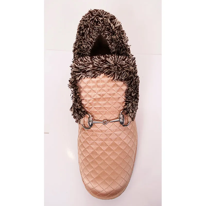 37 NEW $750 GUCCI Nude Peach SILK QUILTED FRIA HORSEBIT LOAFERS Slippers Flats