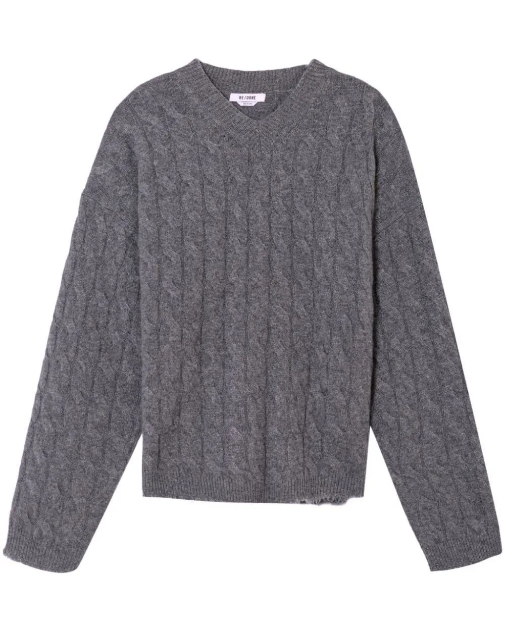 Grey Heather Cashmere Cable V Neck Pullover