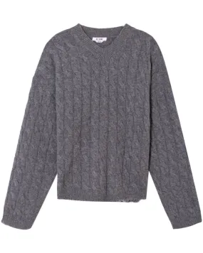 Grey Heather Cashmere Cable V Neck Pullover
