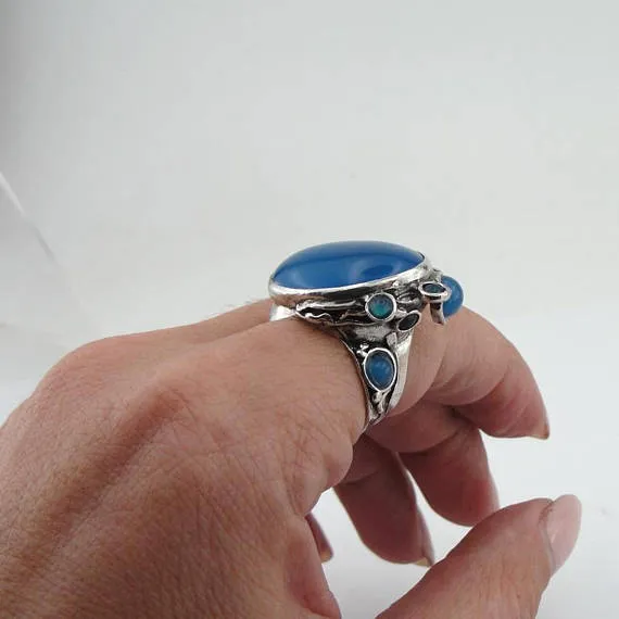 Hadar Designers Blue Agate Ring Handmade 925 Silver size