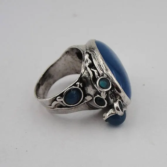 Hadar Designers Blue Agate Ring Handmade 925 Silver size