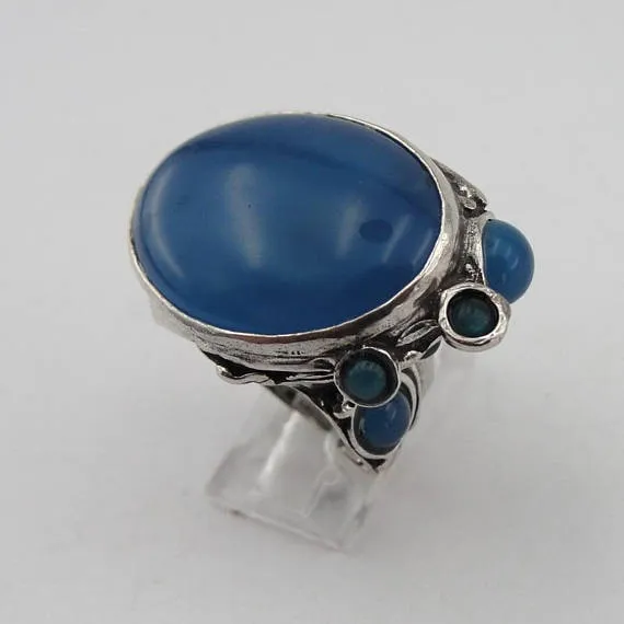 Hadar Designers Blue Agate Ring Handmade 925 Silver size