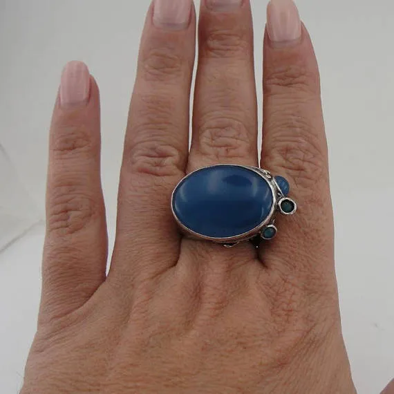 Hadar Designers Blue Agate Ring Handmade 925 Silver size