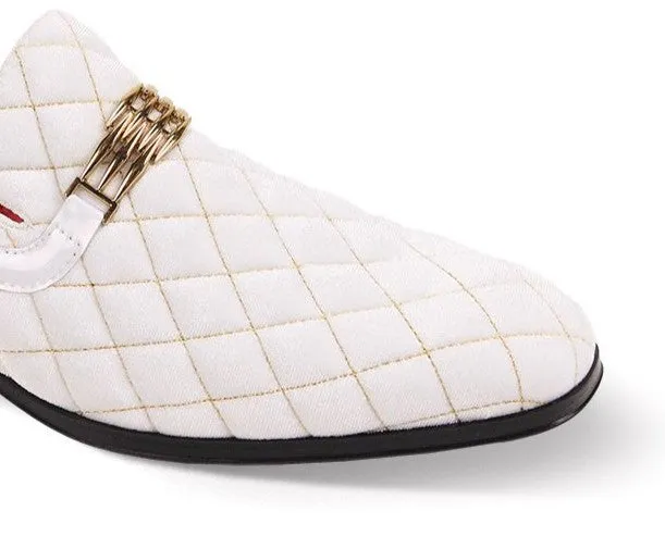 Mens White Gold Diamond Quilted Velvet Slip-On Dress Shoes After Midnight 7045