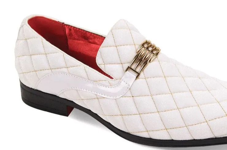Mens White Gold Diamond Quilted Velvet Slip-On Dress Shoes After Midnight 7045