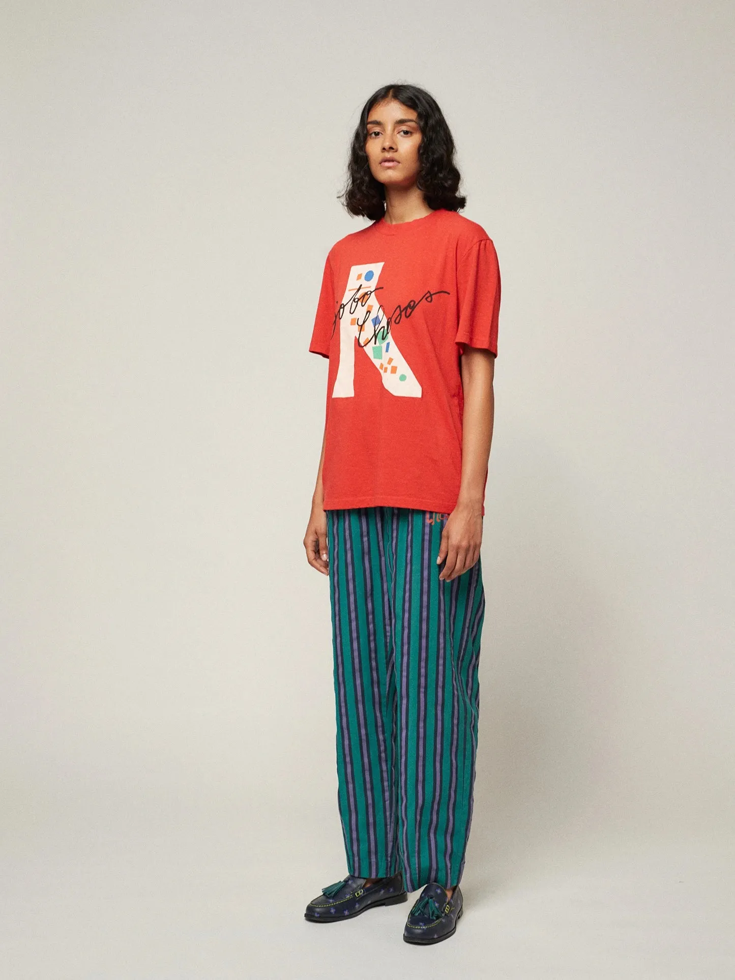 Multi striped pleated straight leg trouser